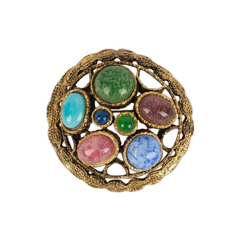 Christian Dior Brooch in Gilded Metal and Glass Paste, 1970 For Sale