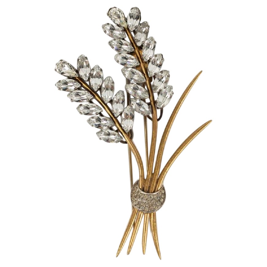 "Wheat Ear" Brooch in Gold Metal and Silver Strass For Sale