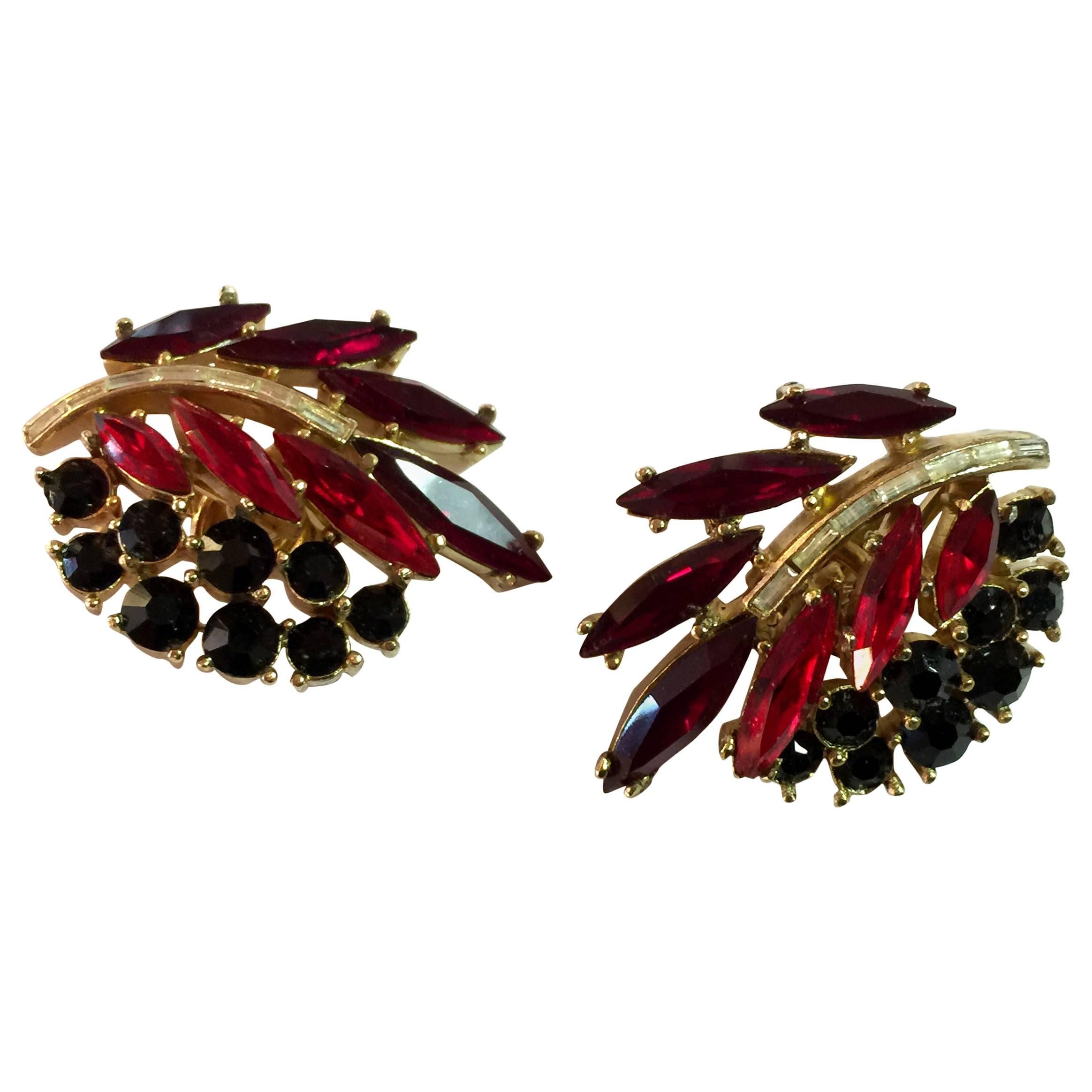 1950s TRIFARI Navette Red and Black with White Baguette Clip Earrings For Sale