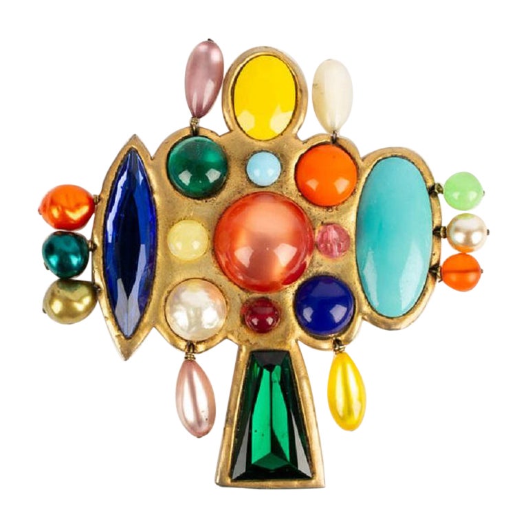 Chanel Brooch with Glass Paste Cabochons, Resin, Rhinestones and Beads, 1991 For Sale