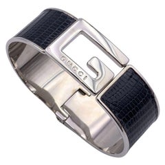 Gucci Vintage Silver Metal Black Leather G Logo Bangle Bracelet