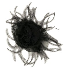 Chanel Camellia Black Silk Crepe and Feathers Brooch