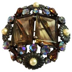 1950s Rare SCHIAPARELLI Triangular Stone Topaz Pearl Borealis Stone Brooch Pin