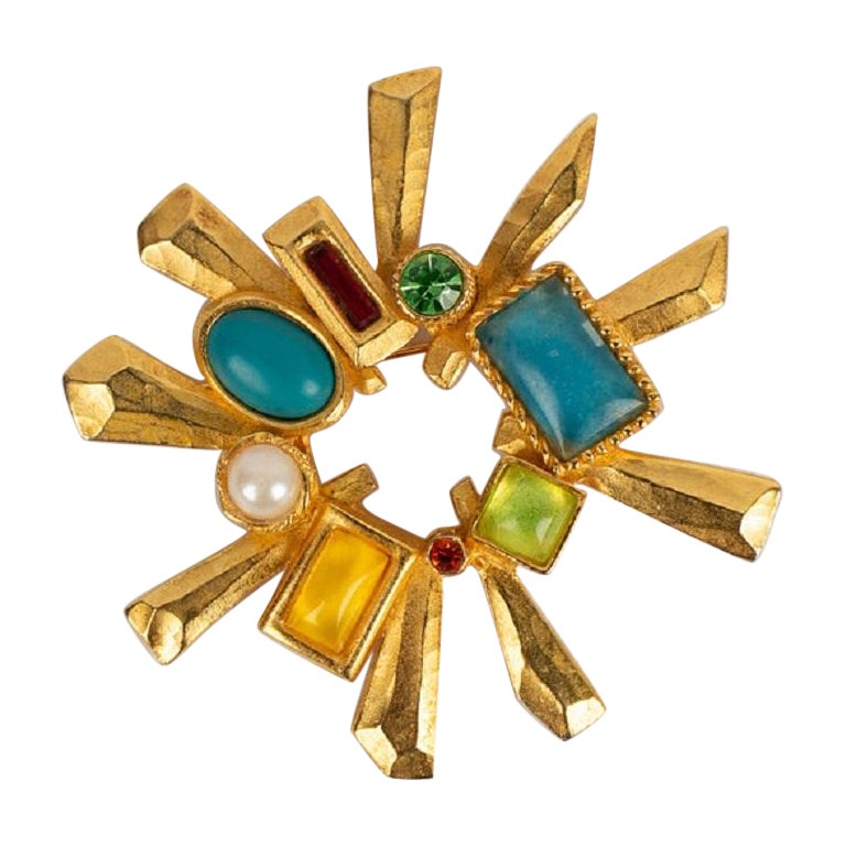 Lacroix Gold-Plated Metal Sun Brooch with Cabochons and Rhinestones