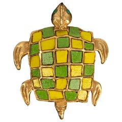 Retro Chanel Haute Couture Turtle Brooch in Gilded Metal and Earthenware Tiles