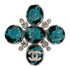 Chanel Silver Plated Brooch in Rhinestones Decorated with Tweed