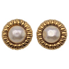 Chanel Retro Round Gold Metal Pearl Clip On Cabochon Earrings