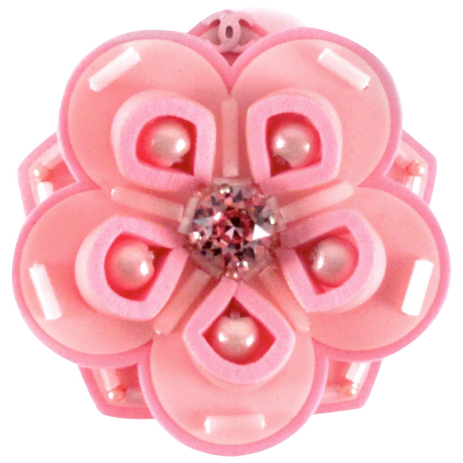 Chanel Camellia Pearl Pin - New - 2016 - Pink Crystal Brooch Silver Charm CC 16C