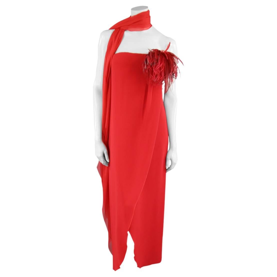 VALENTINO Size 6 Red Silk Strapless Feather Applique Wrap Dress with Sash