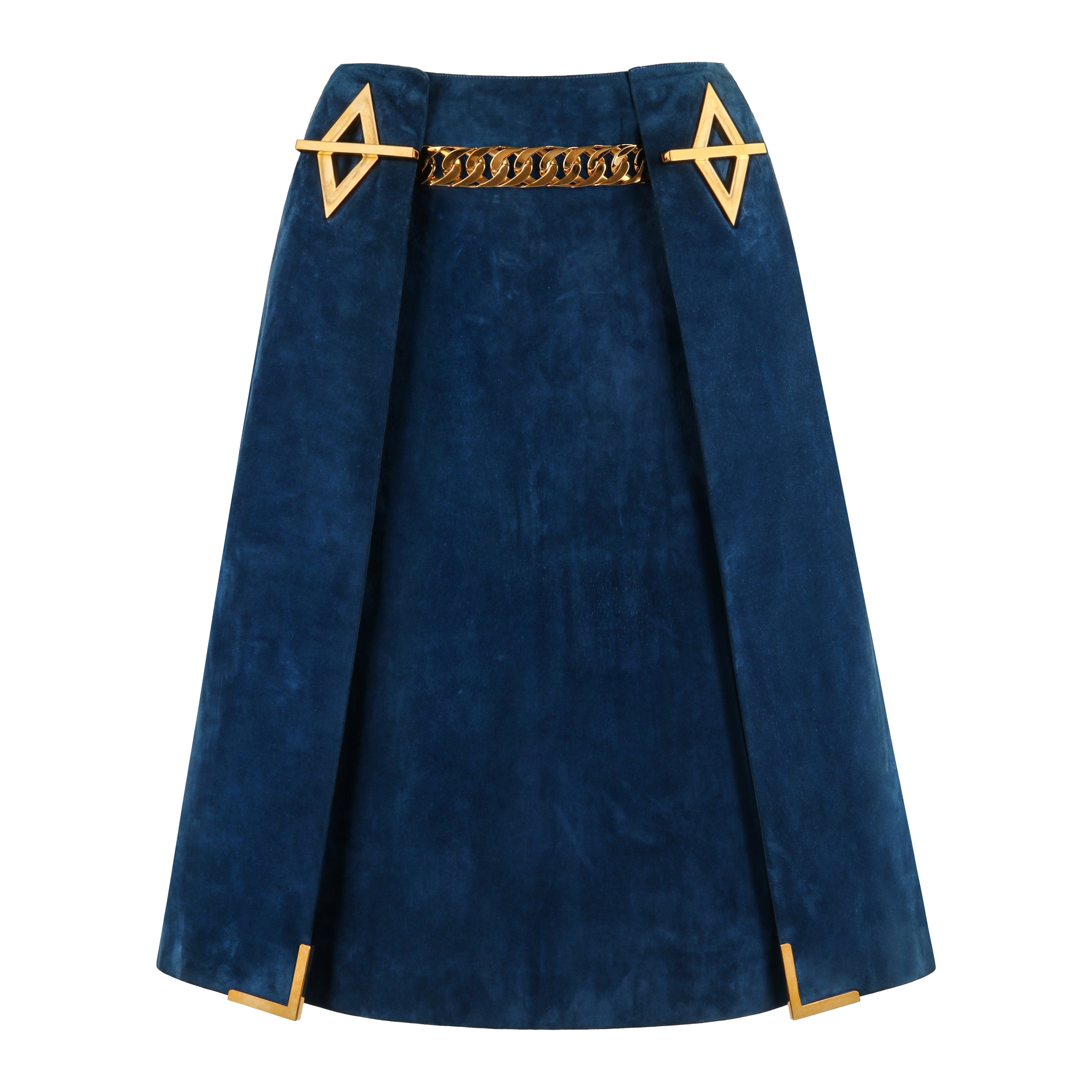 GUCCI c.1970's Dark Blue Suede Gold Chain Belt Pleated A-Line Knee Length Skirt For Sale