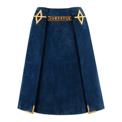 Vintage GUCCI c.1970's Dark Blue Suede Gold Chain Belt Pleated A-Line Knee Length Skirt