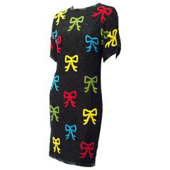 80s Black Beaded Dress with Red, Blue, Green & Yellow Bows 12