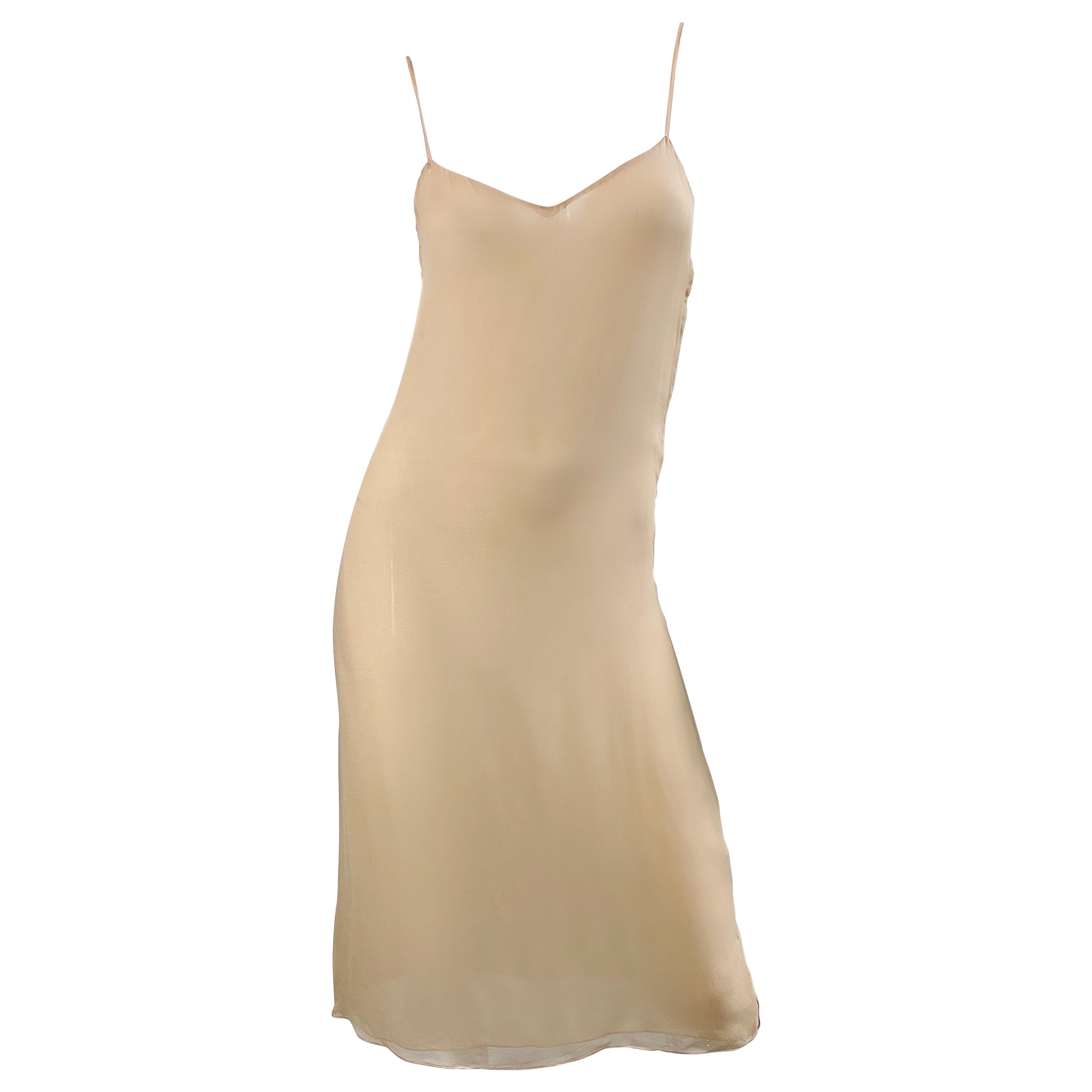 1970s Halston Couture Nude Silk Chiffon Semi Sheer Bias Cut Vintage 70s Dress  For Sale