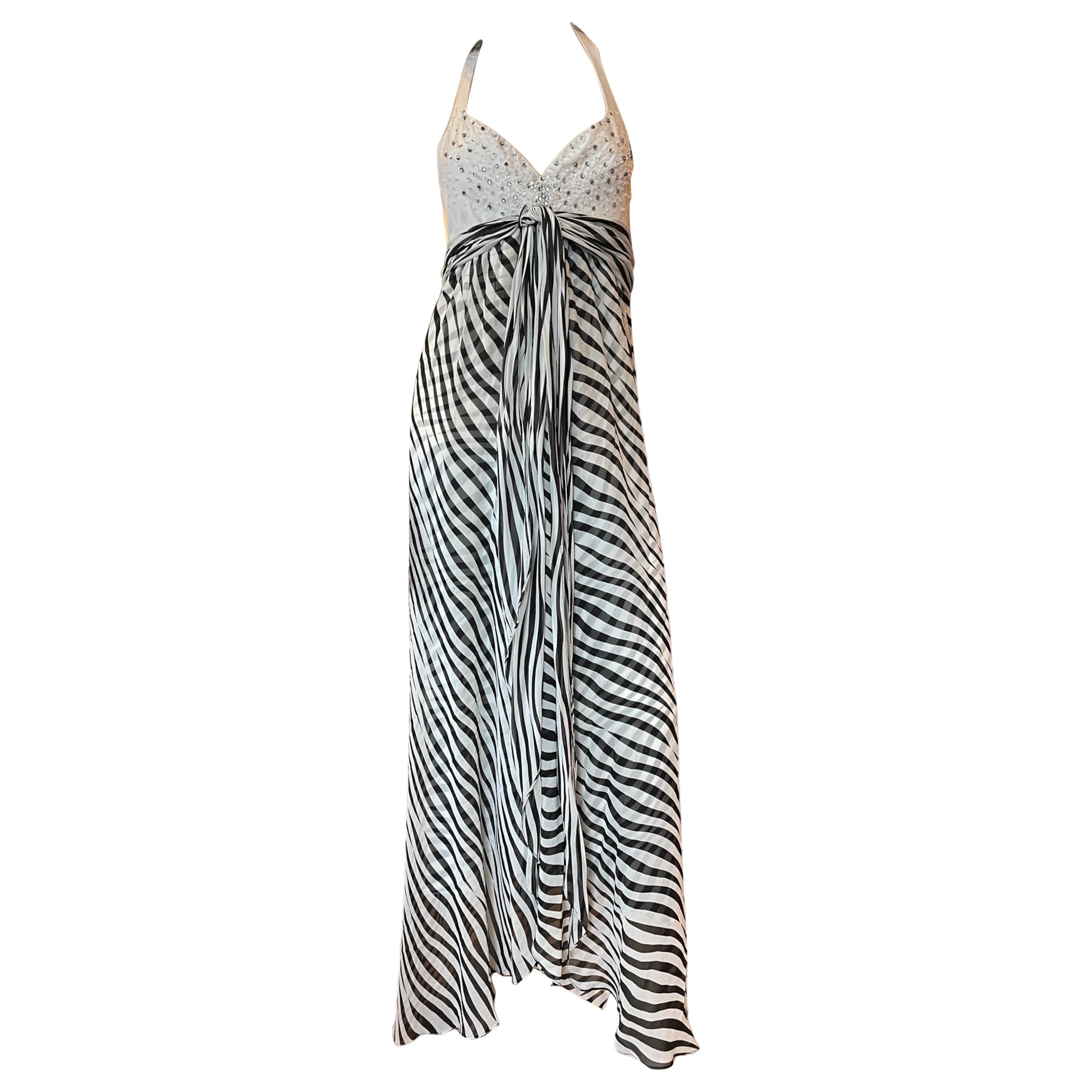 Stephen Burrows Zebra Print Silk Chiffon Maxi Halter Dress with Bejeweled Bust For Sale
