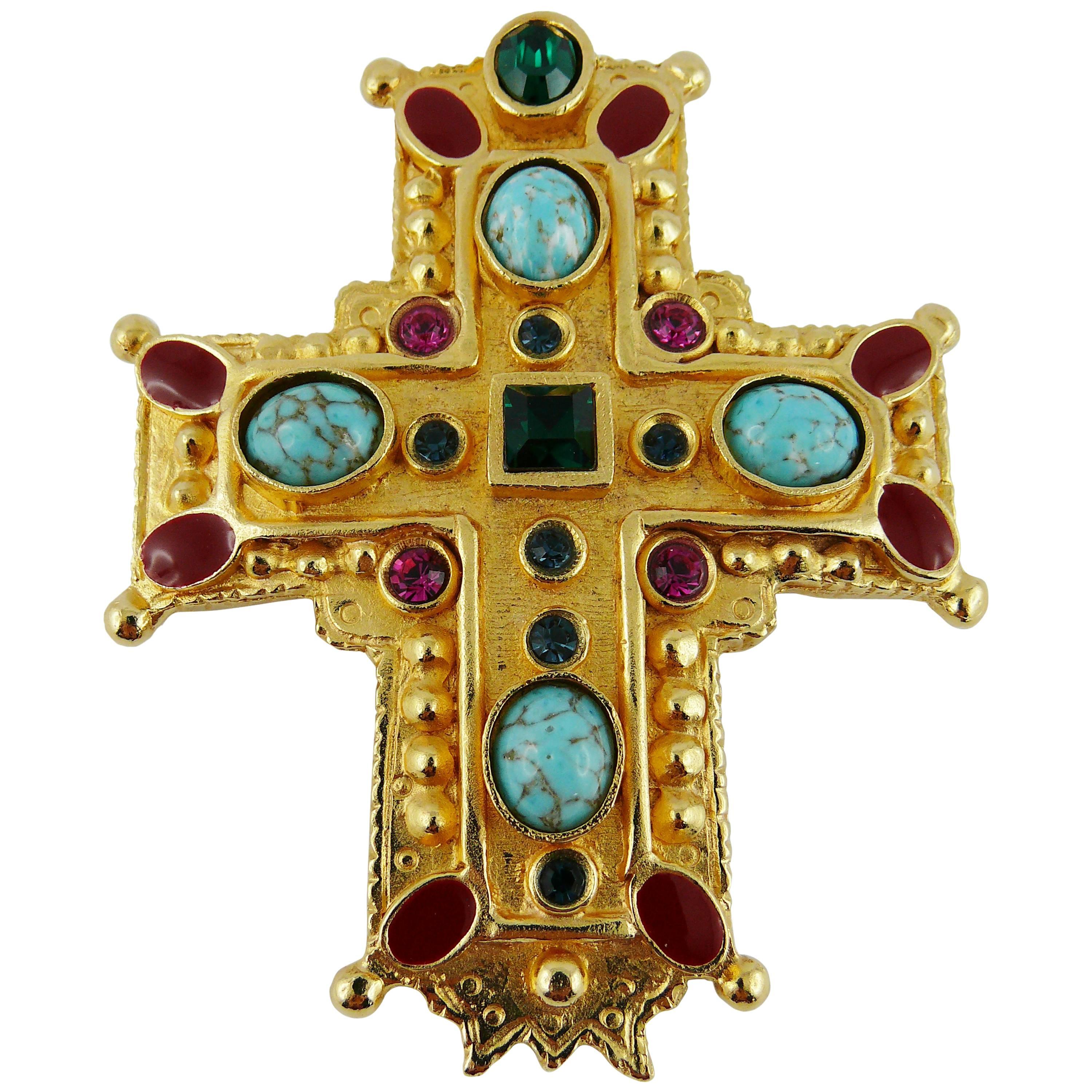 Christian Lacroix Vintage Rare Massive Jewelled Gold Tone Cross Brooch Pendant