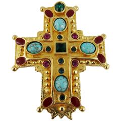 Christian Lacroix Vintage Rare Massive Jewelled Gold Tone Cross Brooch Pendant