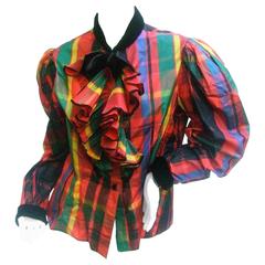 Oscar de la Renta Plaid Taffeta Velvet Trim Blouse c 1980