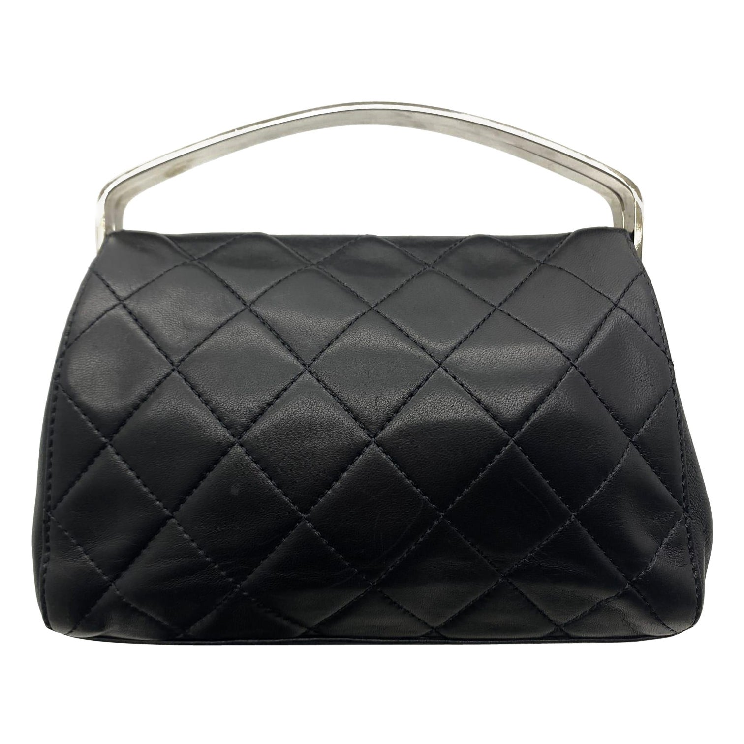 Vintage Chanel Black Lambskin Quilted Small Magnetic Frame Top Handle Bag For Sale
