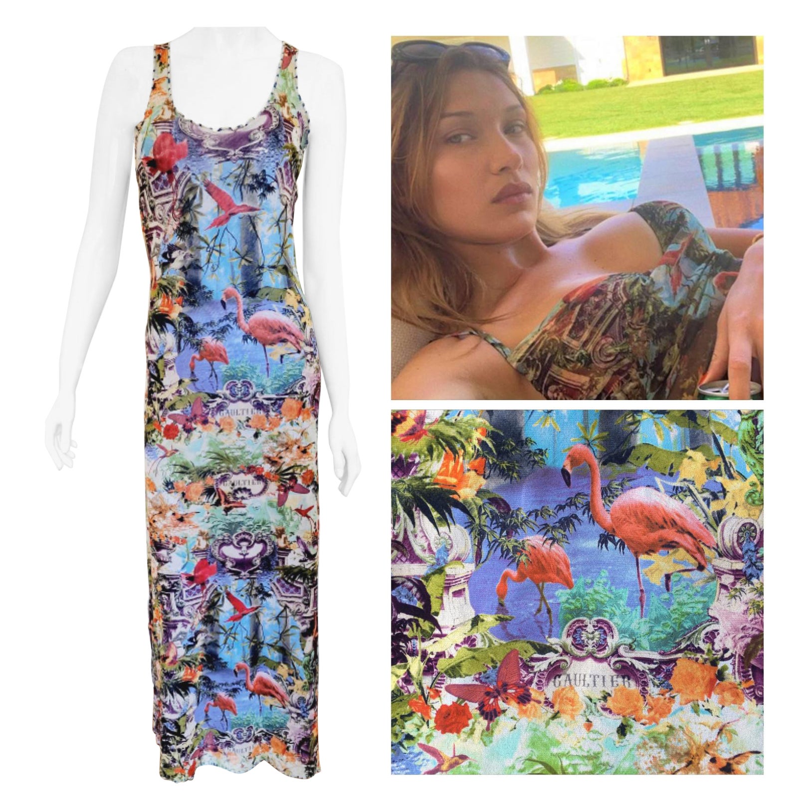 Jean Paul Gaultier Tropical Butterfly Bella Hadid Flamingo Vintage Maxi Dress For Sale