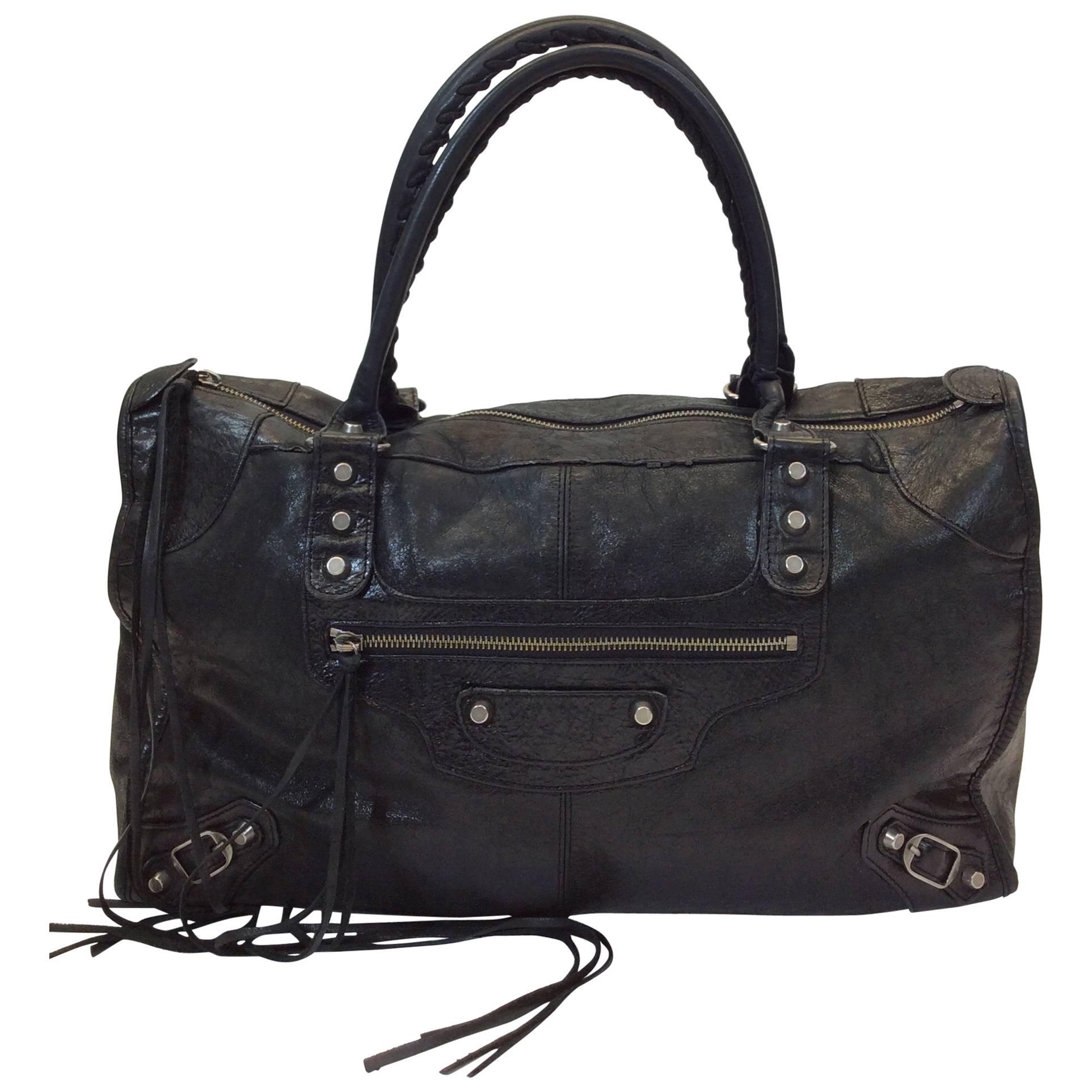 Balenciaga Black Leather Fringe Studded Handbag