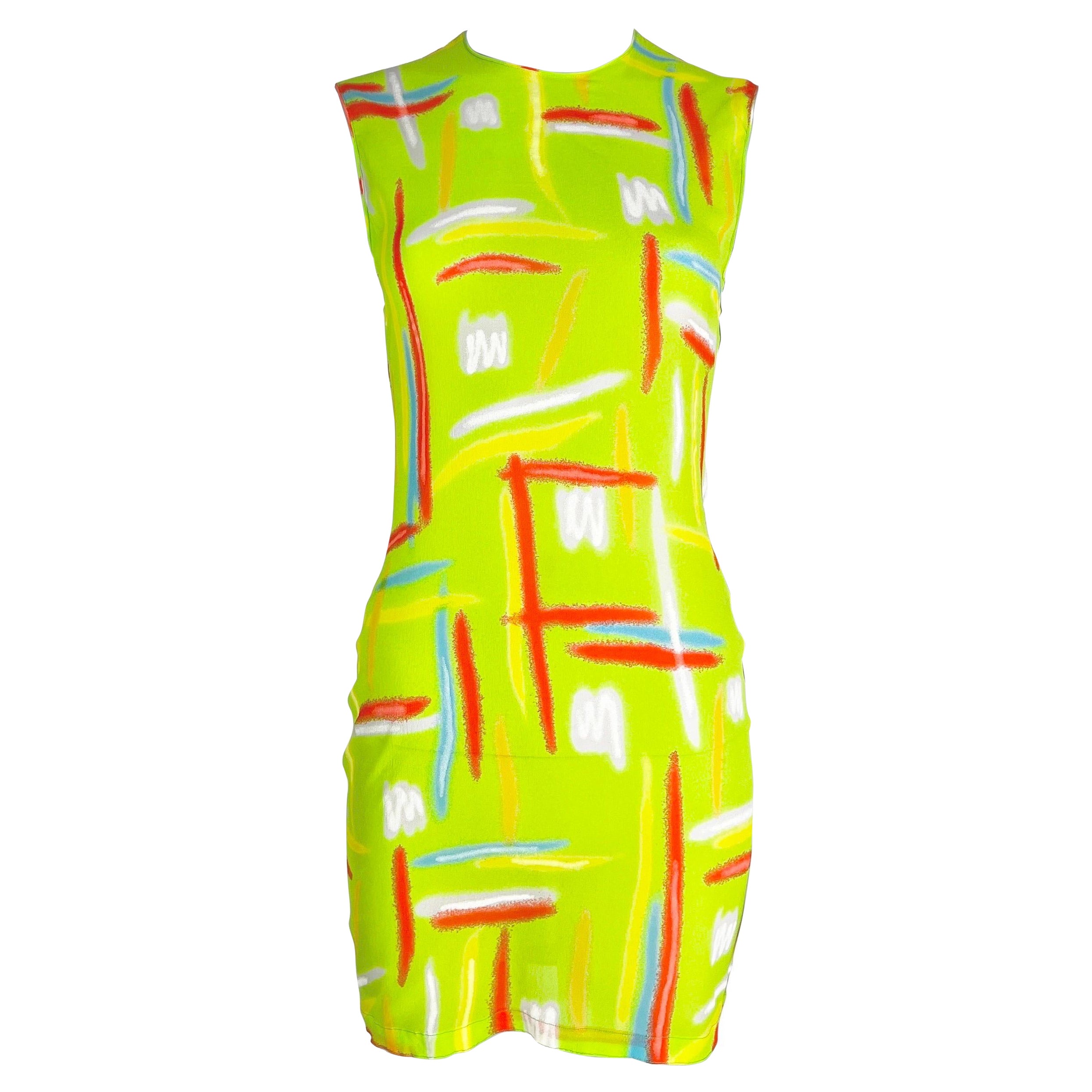 Spring 1996 Gianni Versace Couture Neon Green Highlighter Print Silk Dress For Sale