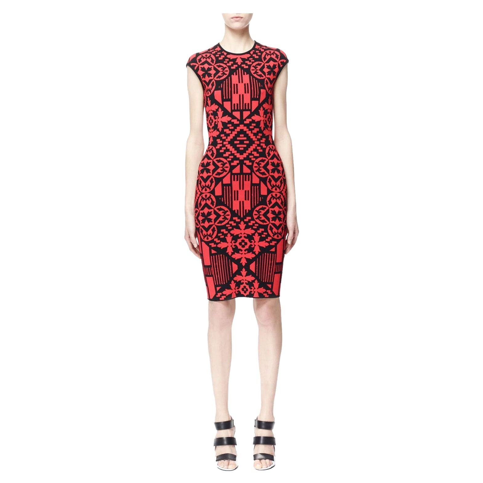 Alexander McQueen Rot-Schwarzes Digitales Damast-Patchwork-Minikleid aus Jacquard mit Ziegeln im Angebot