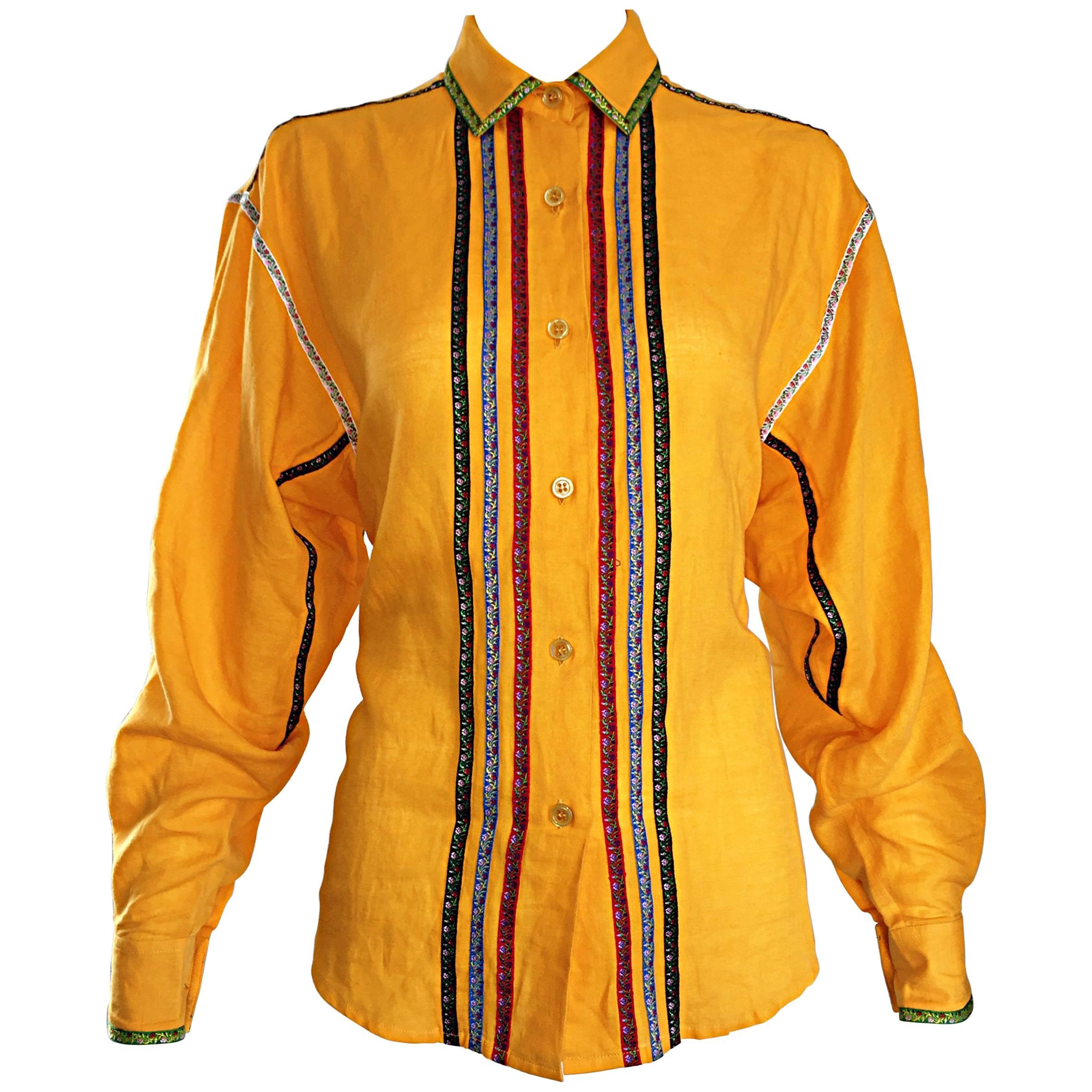 Vintage Kenzo 1990s Marigold Yellow German Inspired Linen + Cotton Blouse Top
