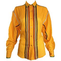 Vintage Kenzo 1990s Marigold Yellow German Inspired Linen + Cotton Blouse Top 5