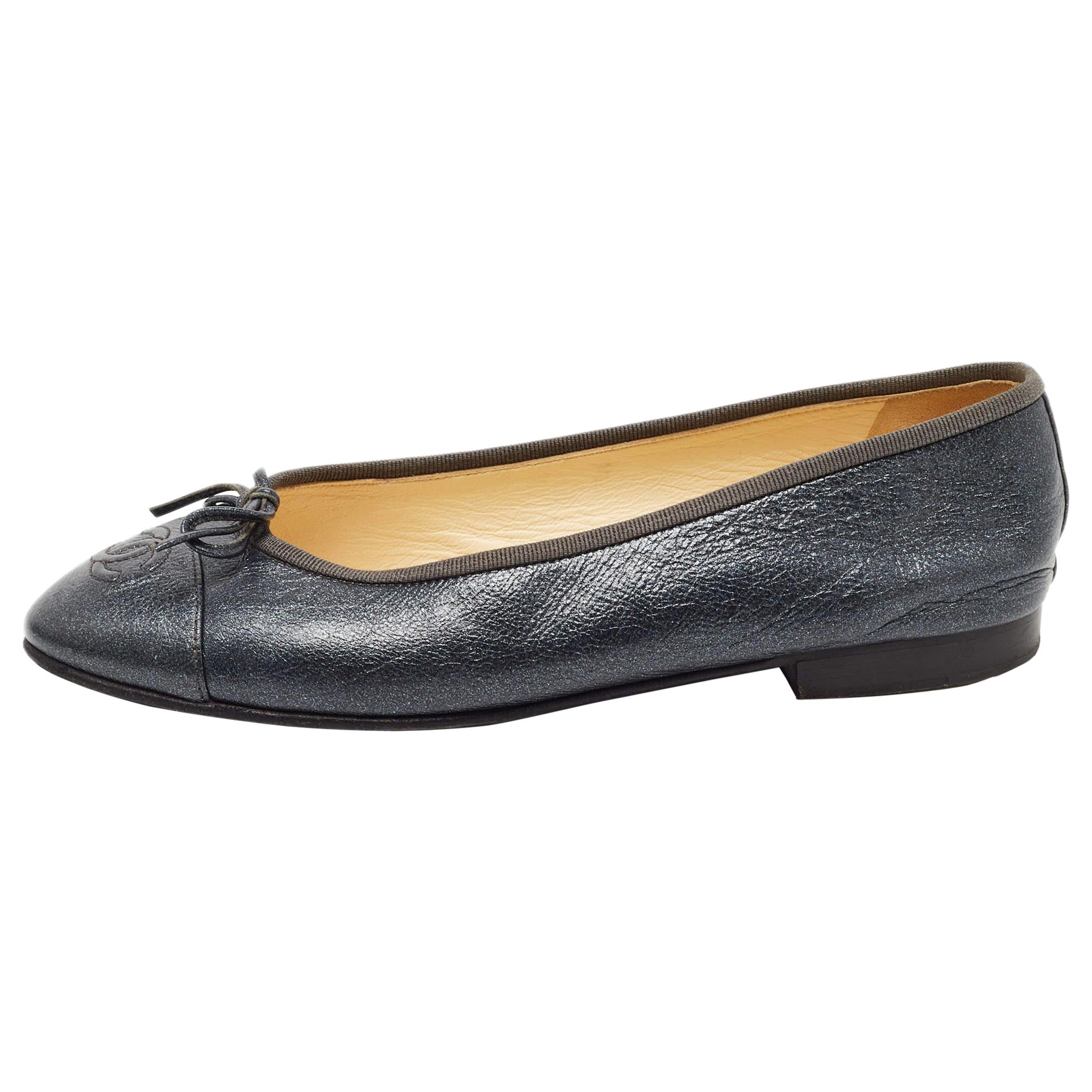 Chanel Metallic Leather CC Cap Toe Ballet Flats Size 36.5 For Sale at  1stDibs