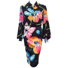 D&G Black Floral Print Silk Two Piece Blouse and Skirt Ensemble 12