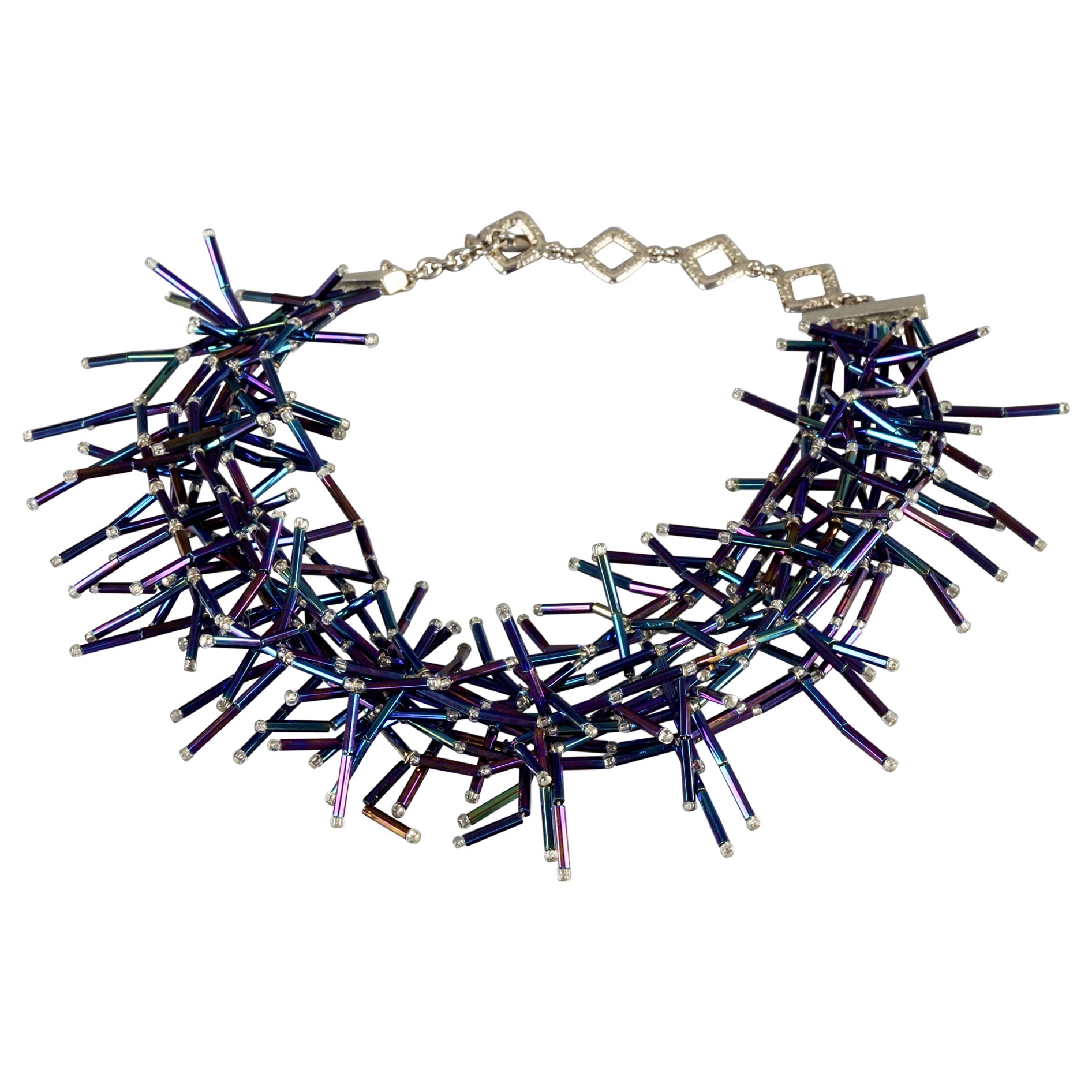 Vintage YVES SAINT LAURENT Ysl Spiky Iridescent Blue Glass Bead Choker Necklace For Sale