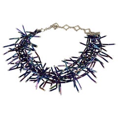 Vintage YVES SAINT LAURENT Ysl Spiky Iridescent Blue Glass Bead Choker Necklace