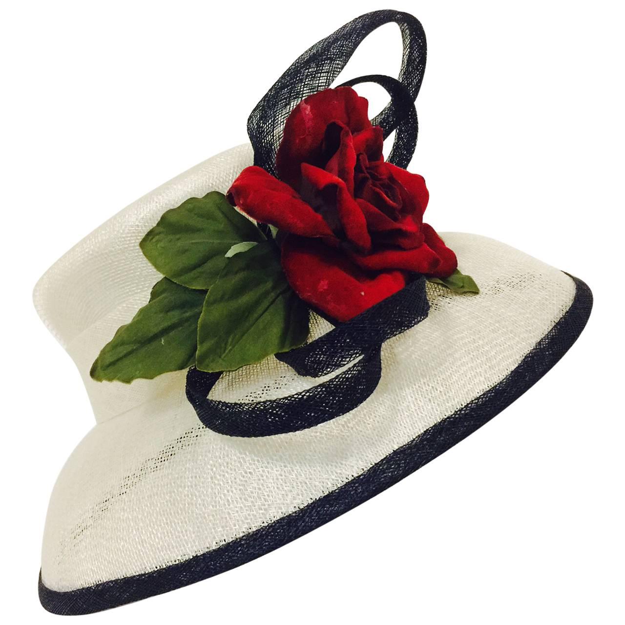 Herald & Heart Hatters Ivory and Back Parasisal Hat With Rapturous Red Rose 