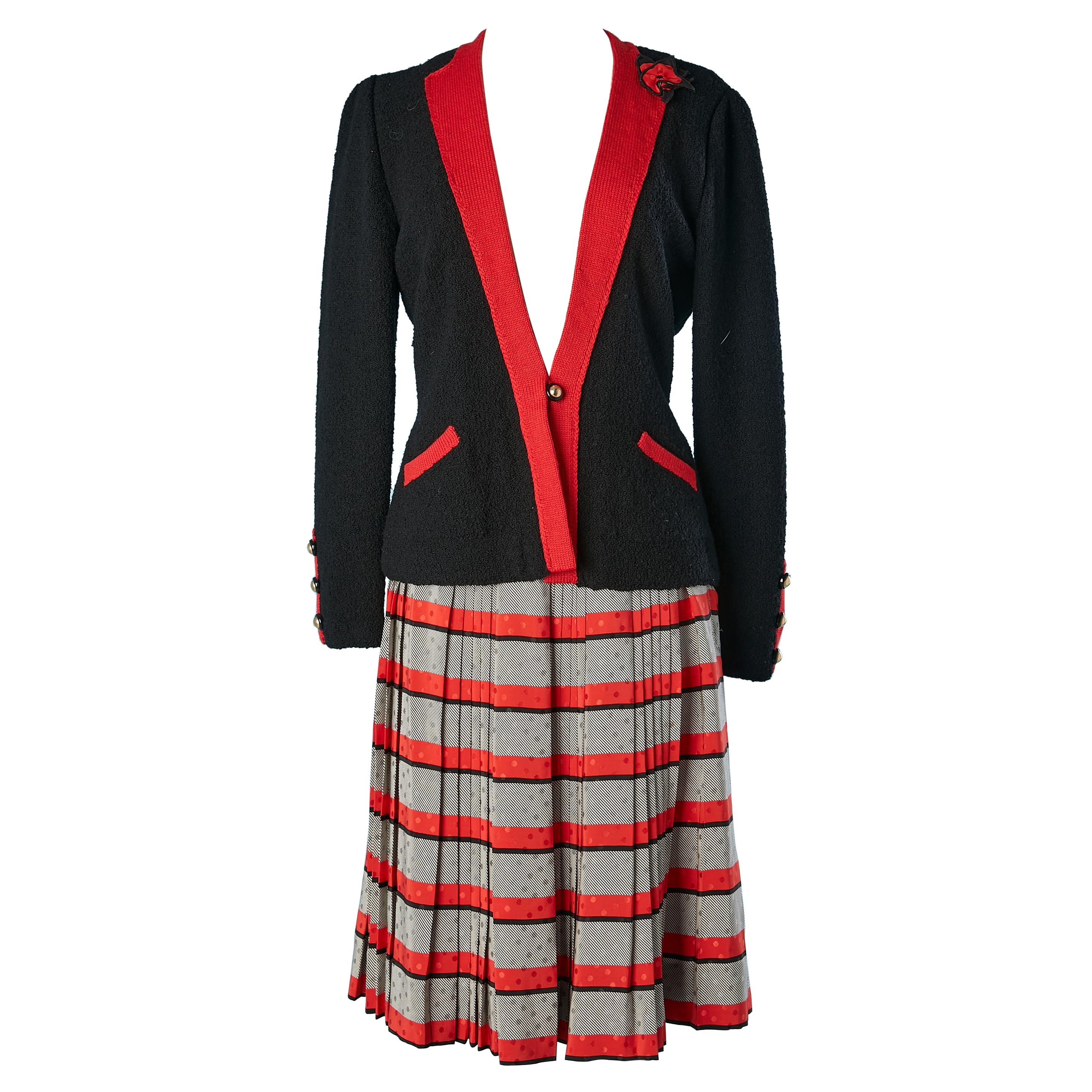Navy and red cardigan and silk pleated skirt ensemble Adolfo New-York  For Sale