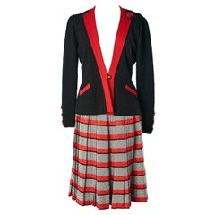 Navy and red cardigan and silk pleated skirt ensemble Adolfo New-York 