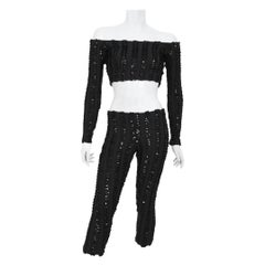 1980's Betsey Johnson Punk Label Black Sequin Stretch Knit Crop Top & Leggings