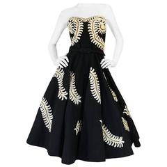 1950s Full Skirt Hand Applied Cord Applique Strapless Dress 12