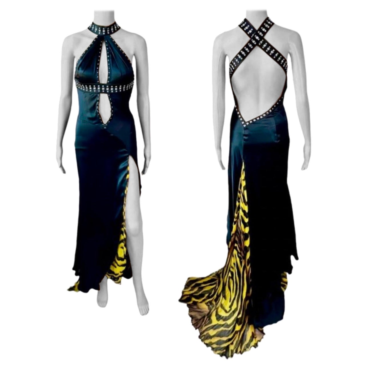 Versace F/W 2004 Runway Studded Plunging Keyhole Neckline Evening Dress Gown For Sale