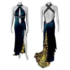 Versace F/W 2004 Runway Studded Plunging Keyhole Neckline Evening Dress Gown