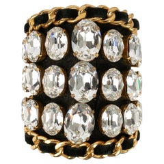 Chanel Cuff Bracelet in Black Leather and Gold Metal with Rhinestones