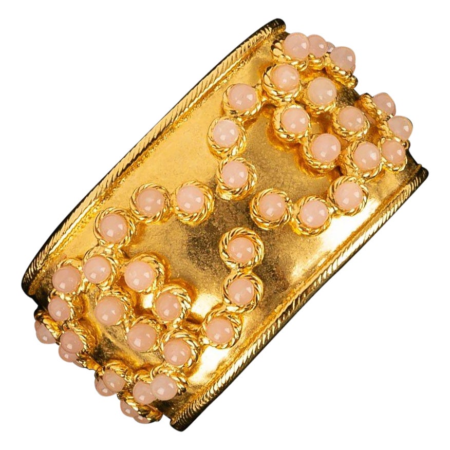Chanel Bracelet in Gilded Metal and Cabochons & Pale Pink Glass Paste For Sale