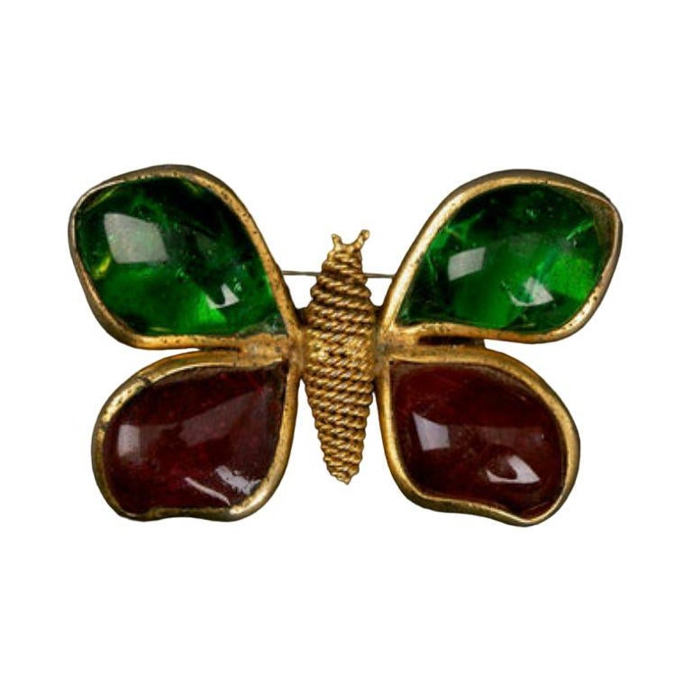 Yves Saint Laurent Golden Metal and Glass Paste Butterfly Brooch For Sale