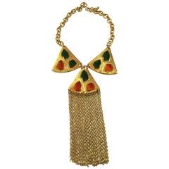 Retro 1960s TRIFARI Poured Glass Mosaic Goldtone Fringed Tassel Necklace