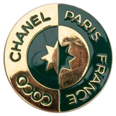 Retro Chanel Gilted Metal and Green Enamelled Brooch