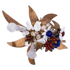 Bunch of Flowers Brooch in Gilded Metal and Glass Paste