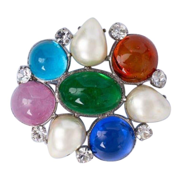 Multi Color Glass Paste Brooch in Silver Plate For Sale
