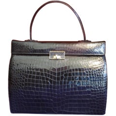 Vintage Exclusive Black Crocodile Leather Kelly Style Handbag 