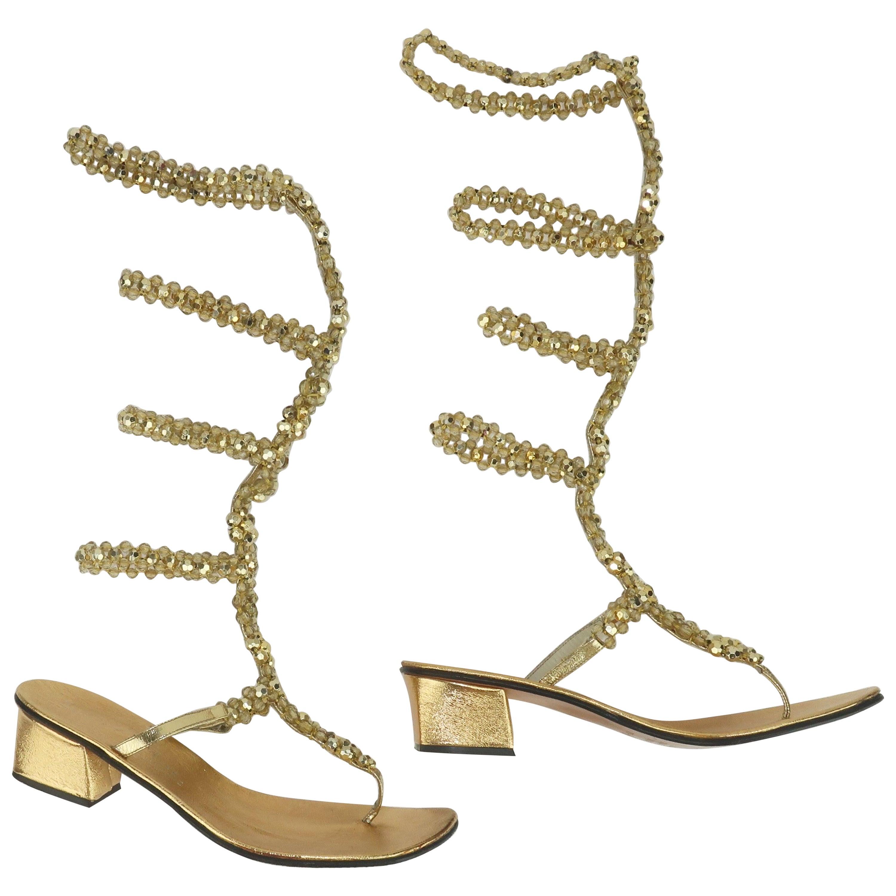 Italian Gold Beaded Leather Gladiator Sandals, 1960's For Sale