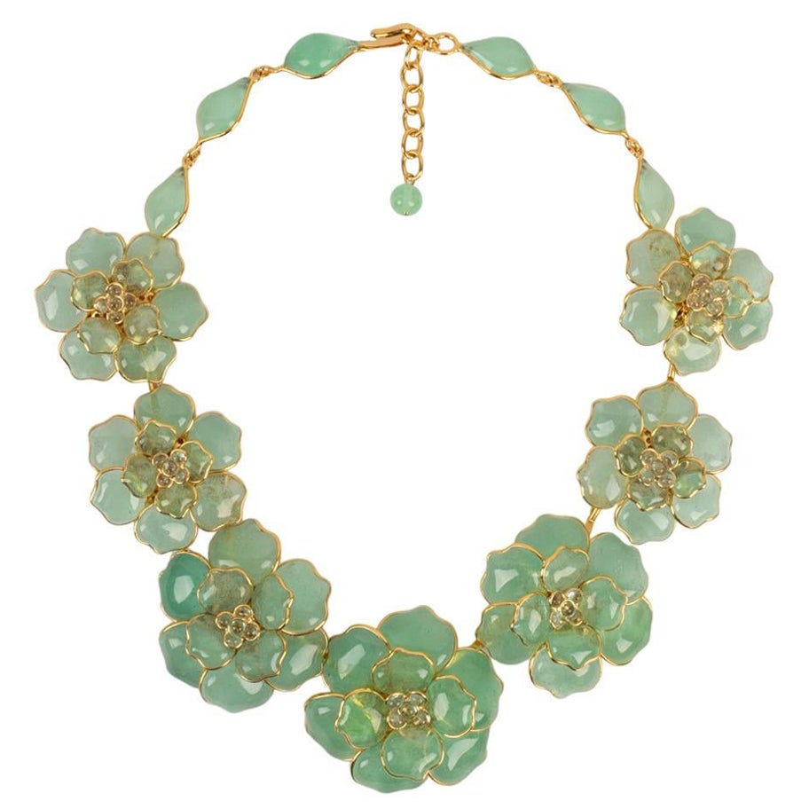 Augustine Green Necklace in Gold Metal and Glass Paste For Sale