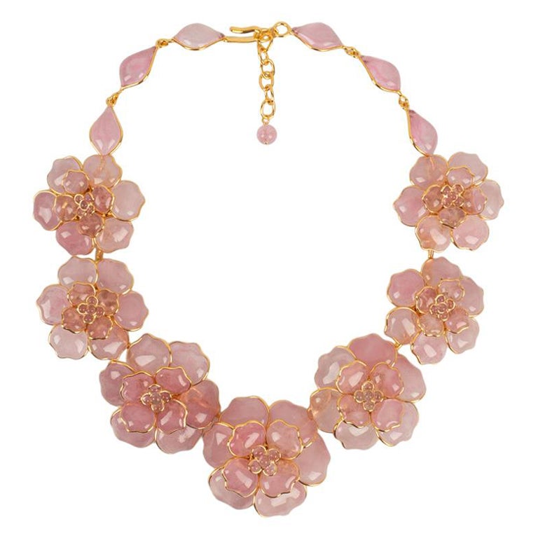 Augustine Pink Necklace in Gold Metal and Glass Paste For Sale